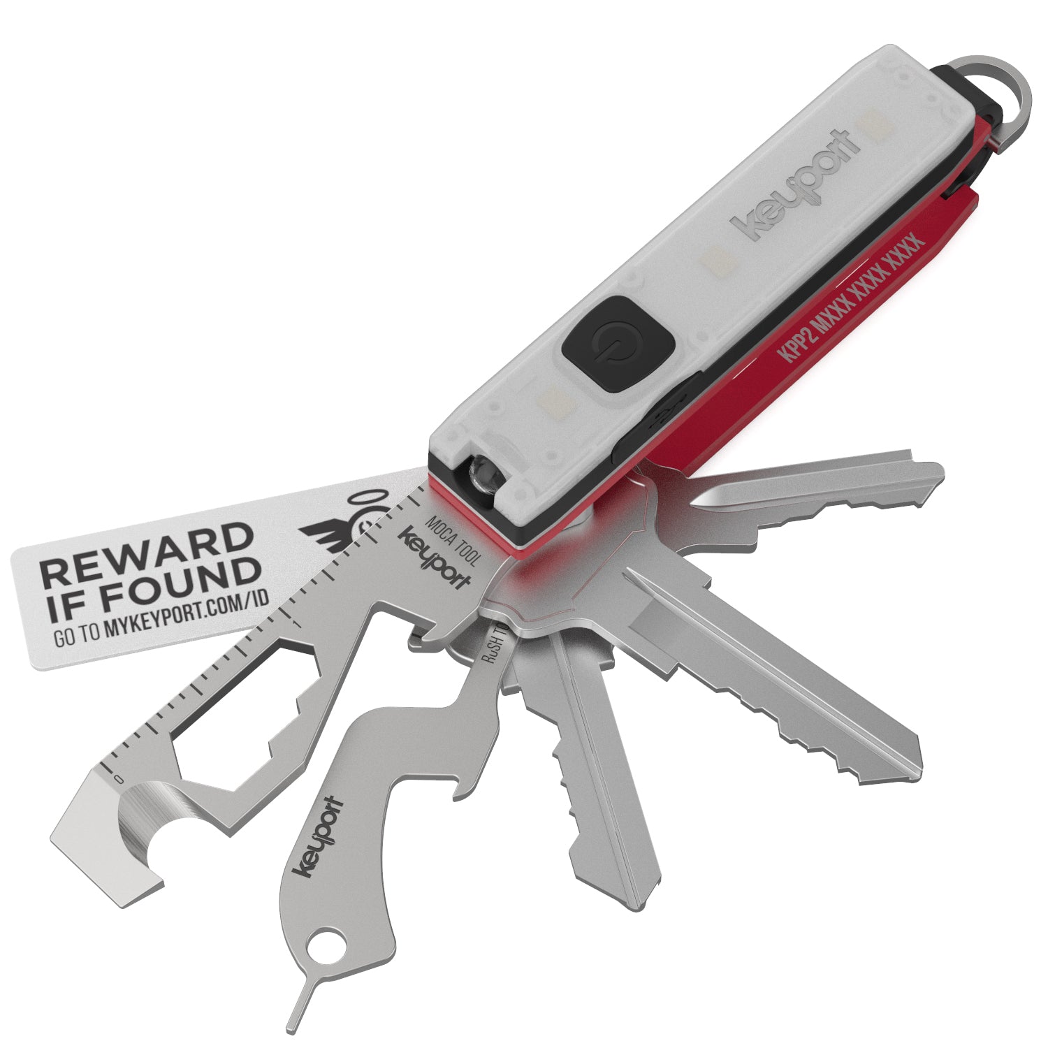 Red Keyport Pivot 2.0 Essential Plus Kit with Pocket Flare 2.0 mini-flashlight & MOCA 10-in-1 multi-tool