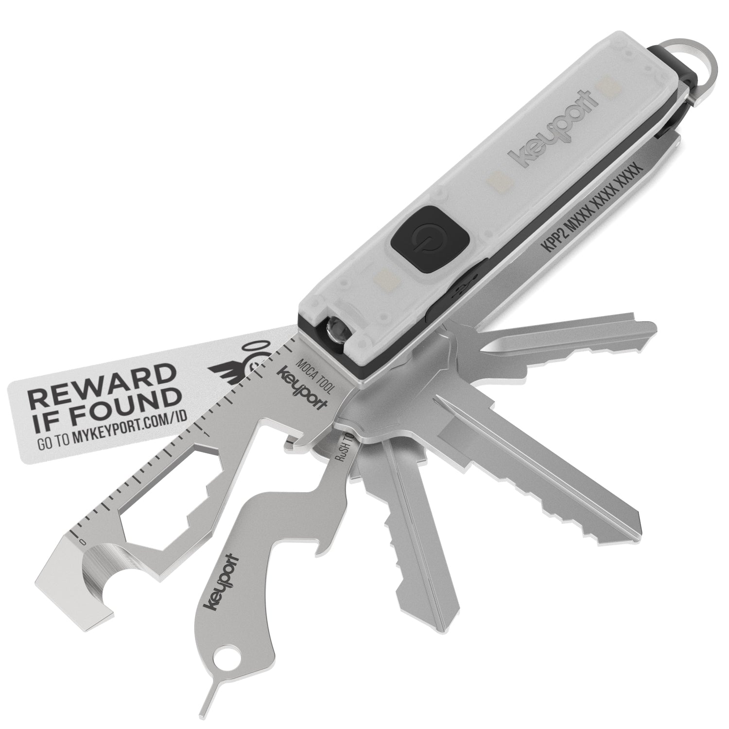 Silver Keyport Pivot 2.0 Essential Plus Kit with Pocket Flare 2.0 mini-flashlight & MOCA 10-in-1 multi-tool