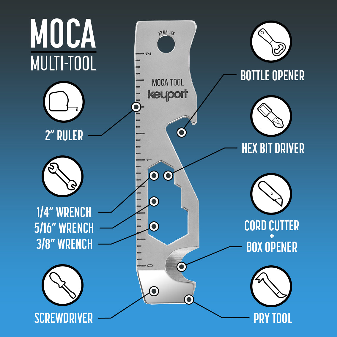 Keyport MOCA 10-in-1 pocket multi-tool includes a bottle opener, Amazon box opener, pry tool, and more.