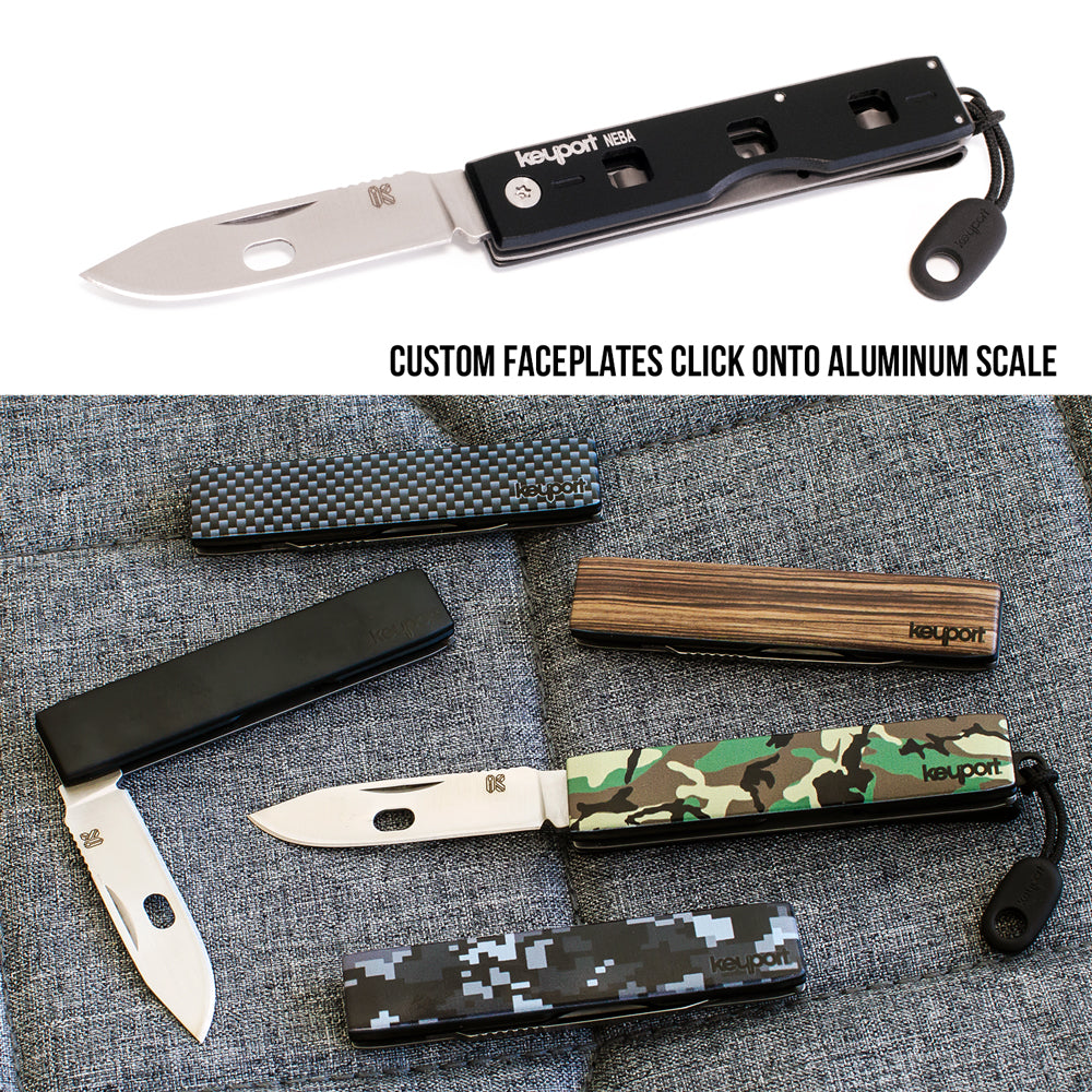 Personalize your NEBA Knife with  custom printed Keyport Faceplates - carbon fiber, all black, zebra wood, woodland camo, and digital camo