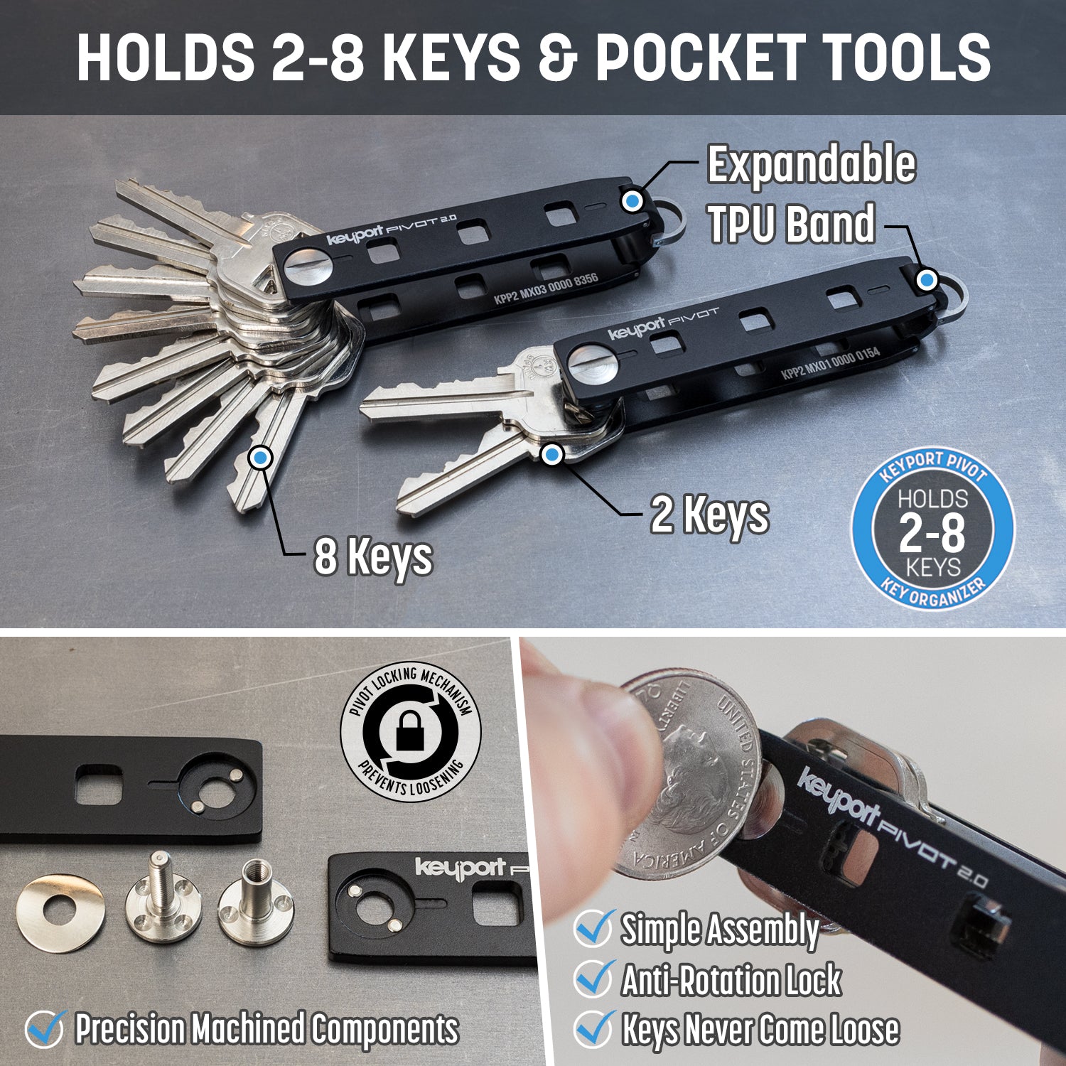 The Keyport Pivot 2.0 premium key organizer holds between 2 and 8 keys and pocket tools