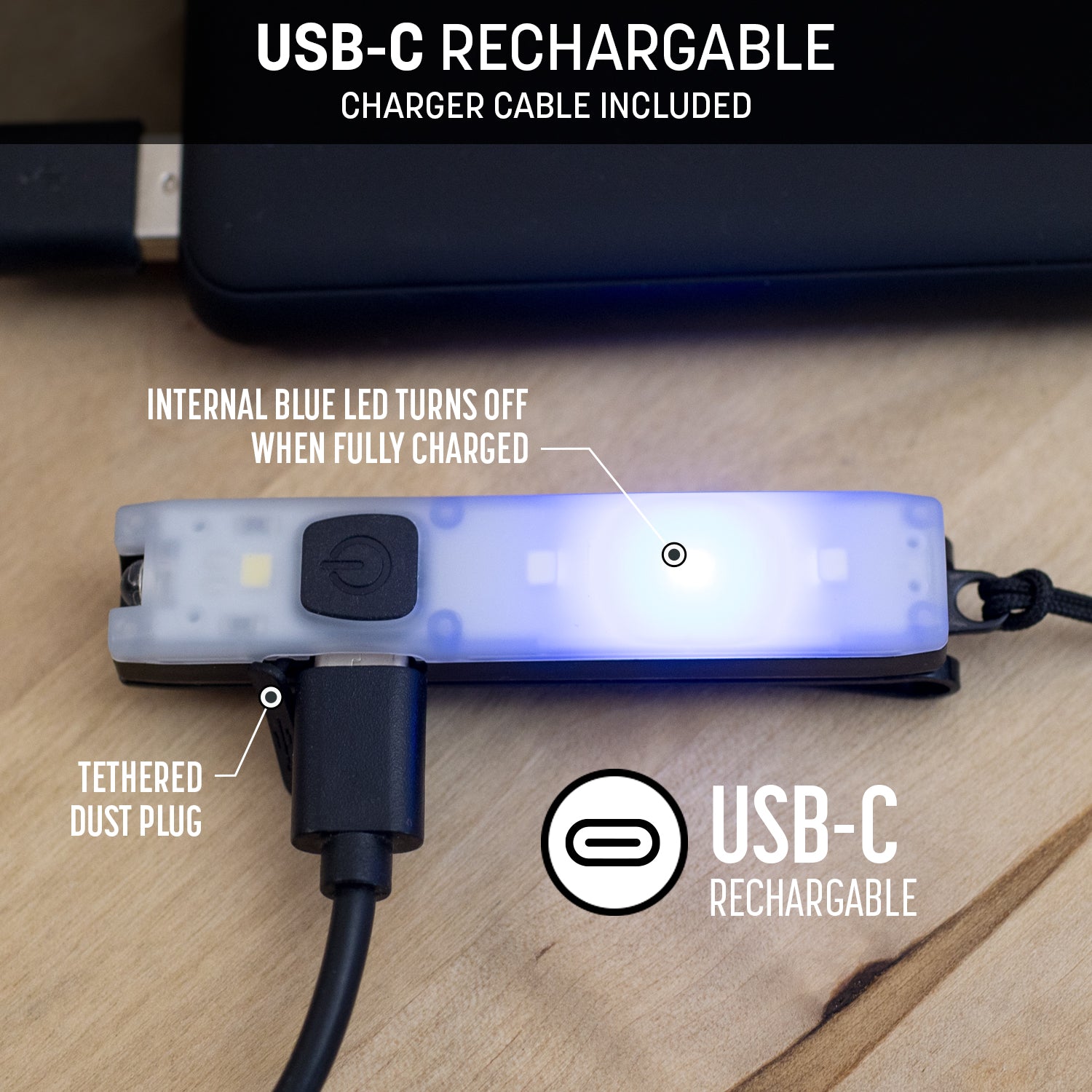 The Keyport Pocket Flare 2.0 mini-flashlight with tethered dust plug is USB-C rechargeable