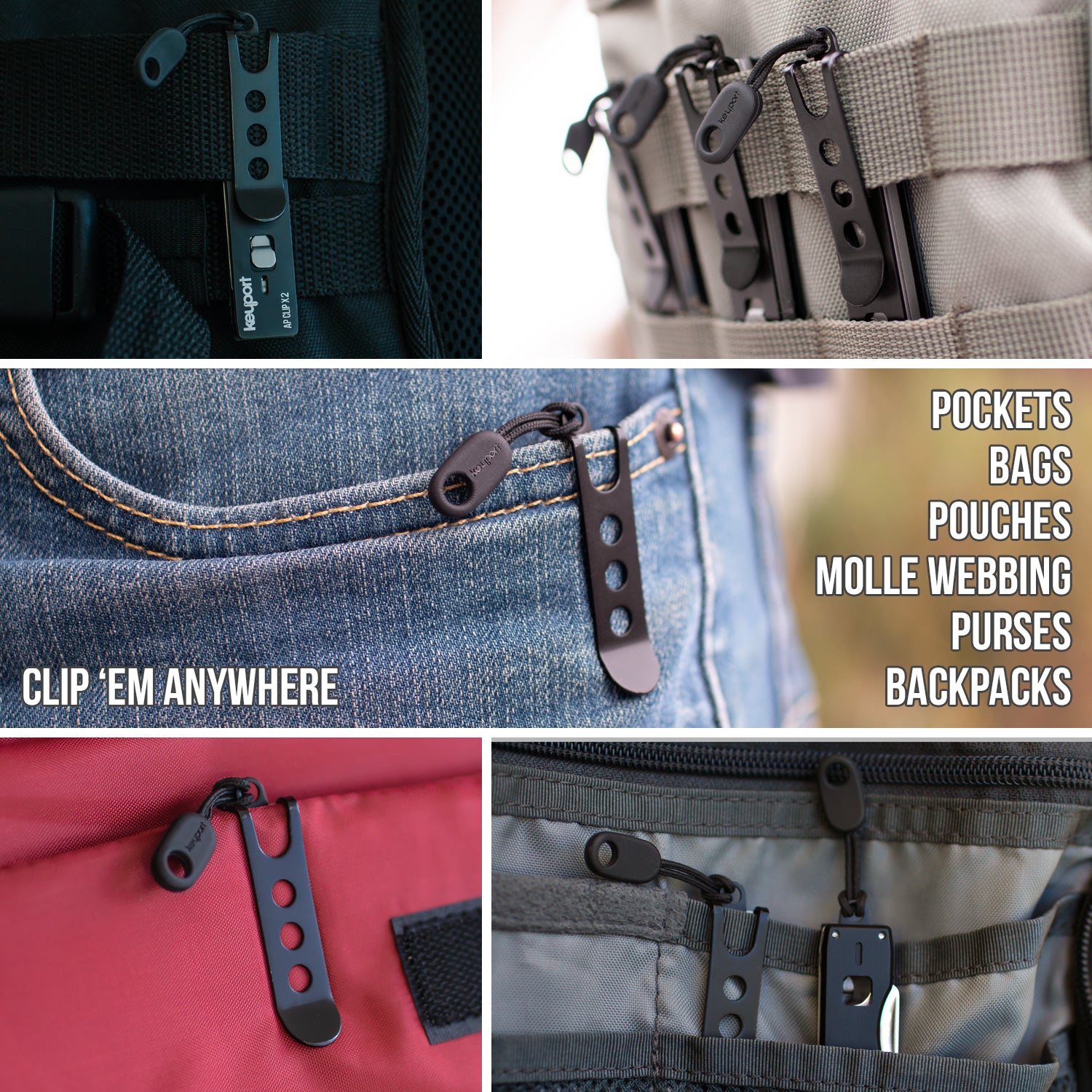 Clip your NEBA Pocketknife Kit to a wide range of pockets, bags, backpacks, molle systems, and more