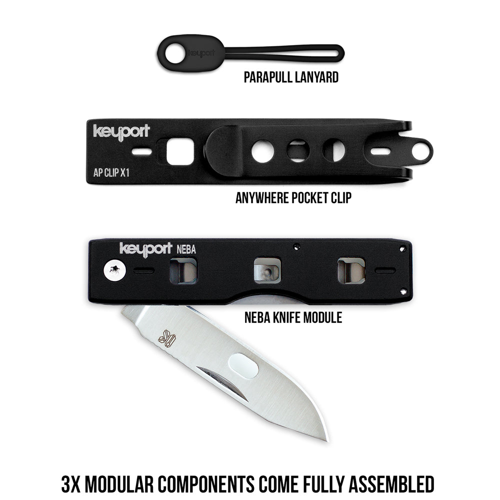 The NEBA Knife Kit includes the NEBA Knife Module, Module Pocket Clip, and Black ParaPull paracord zipper pull