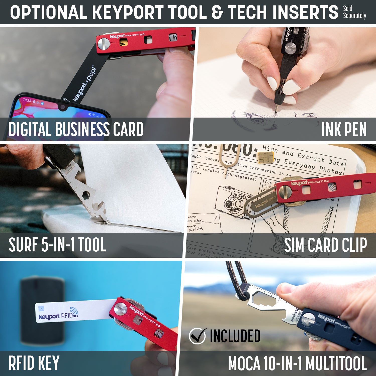 The Keyport Pivot 20 Essential Plus Kit includes a wide range of optional tech and tool inserts