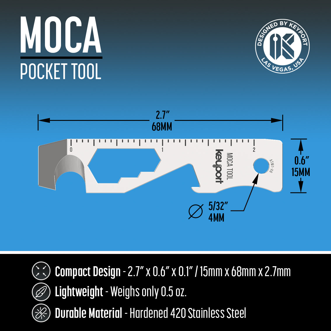 The Keyport MOCA Tool is a thin, compact, lightweight everyday carry keychain accessory