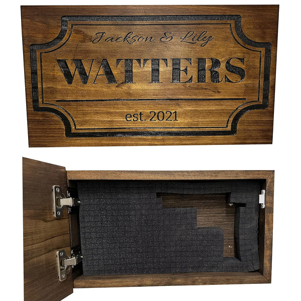 Personalized hidden gun storage shelf with custom name