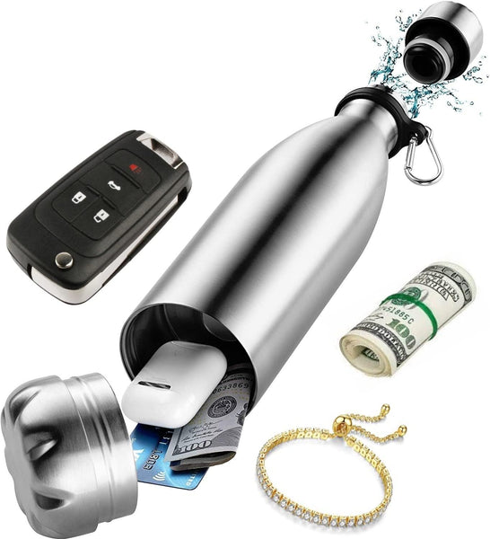 Stainless steel water bottle safe box with hidden compartment for cards, keys, cash, and valuables