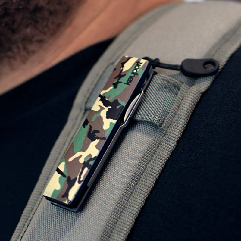 Keyport Faceplate with Woodland Camo pattern attached to a backpack strap