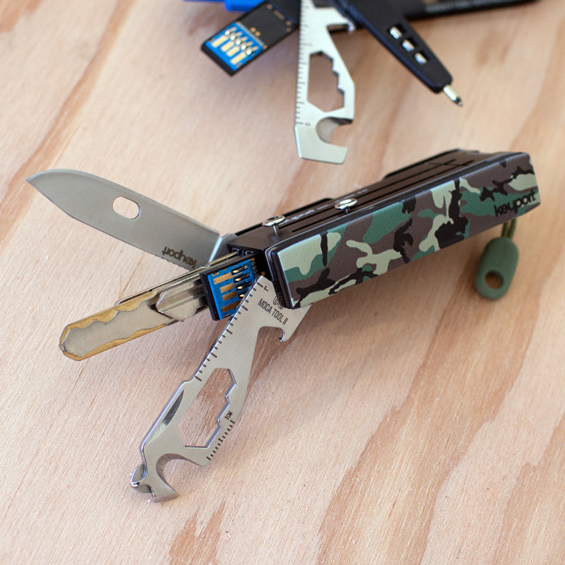 Keyport Faceplate with Woodland Camo pattern on table