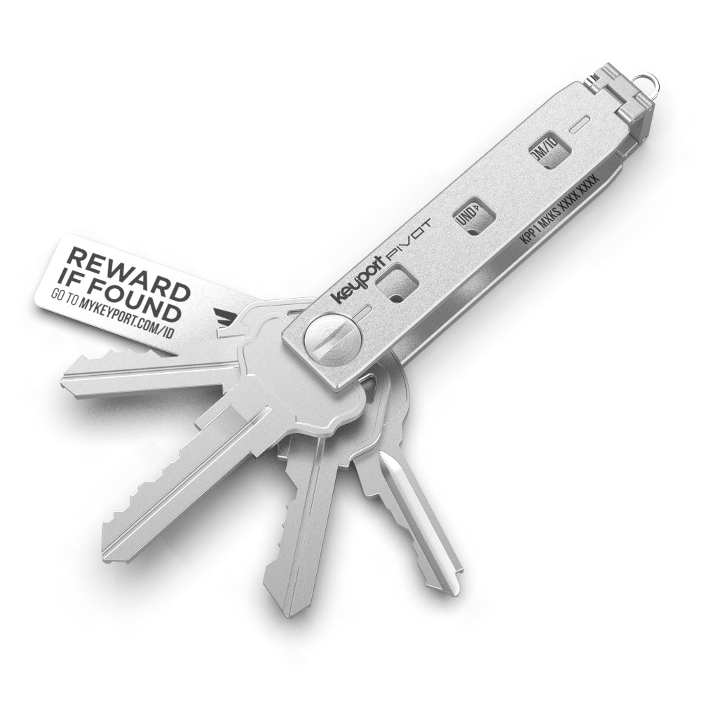 Silver Keyport Pivot 1.0 EDC keychain with KeyportID lost & found and 4 keys