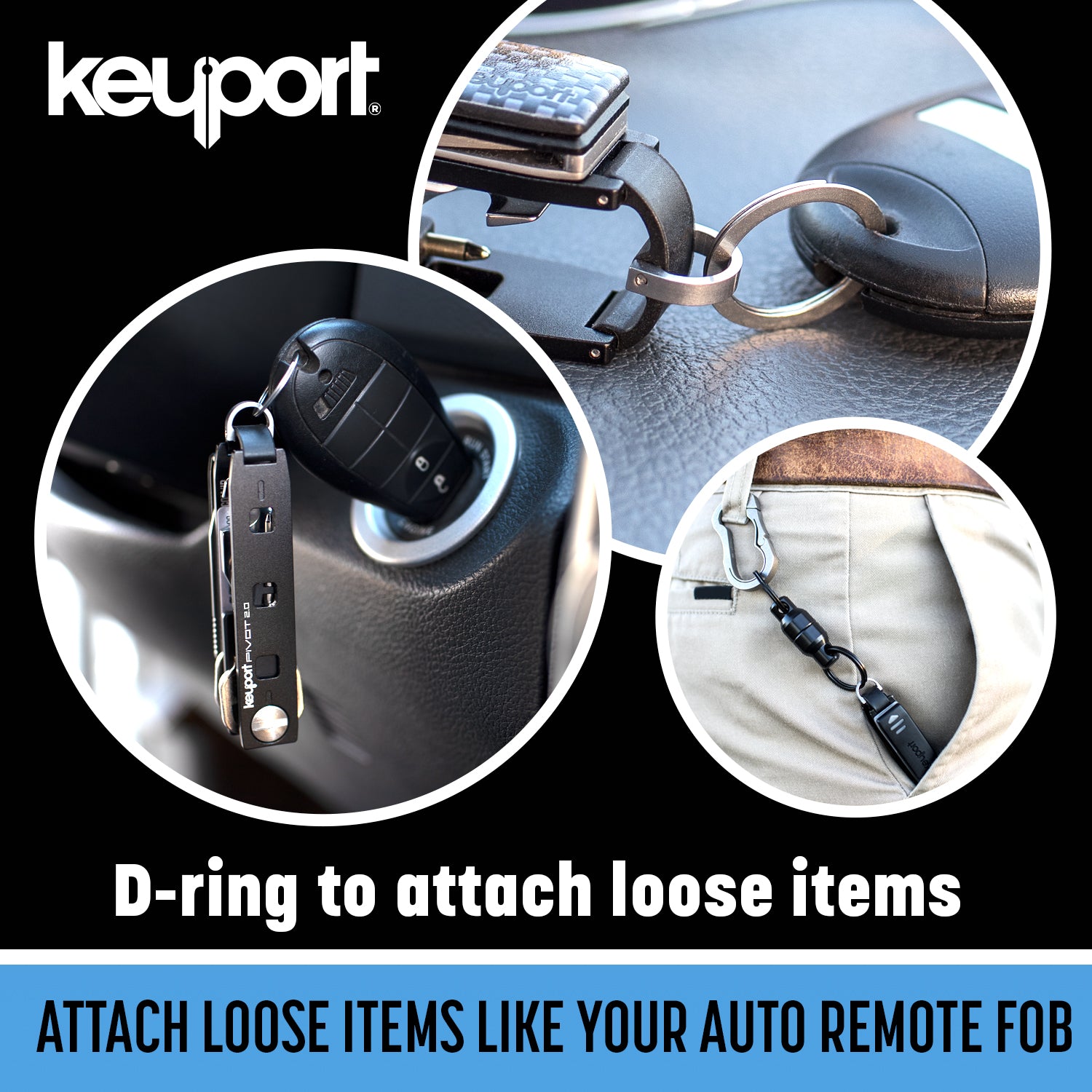 The Keyport Pivot 2.0 key organizer features a d-ring to attach lose items like an auto fob