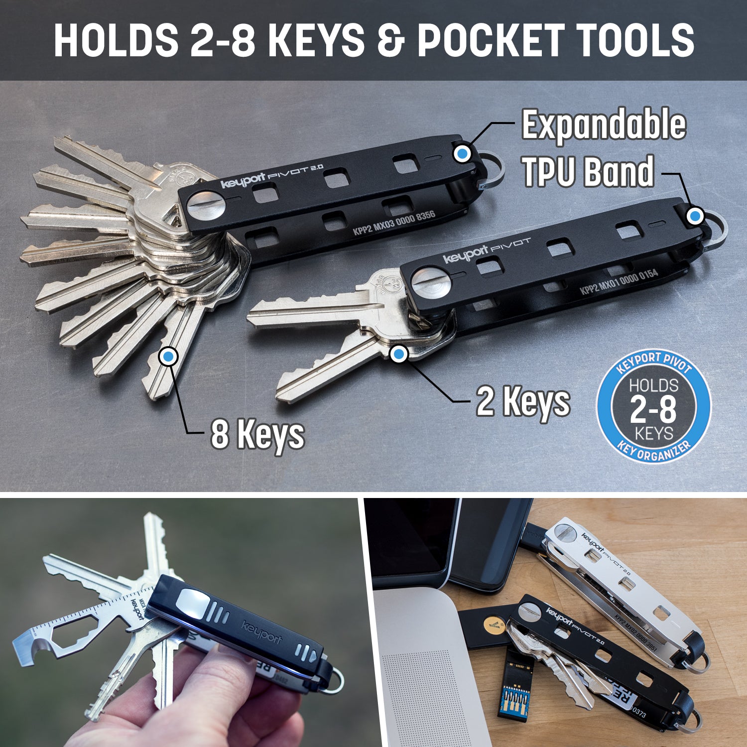 The modular Keyport Pivot 2.0 holds 2 - 8 keys and pocket tools.