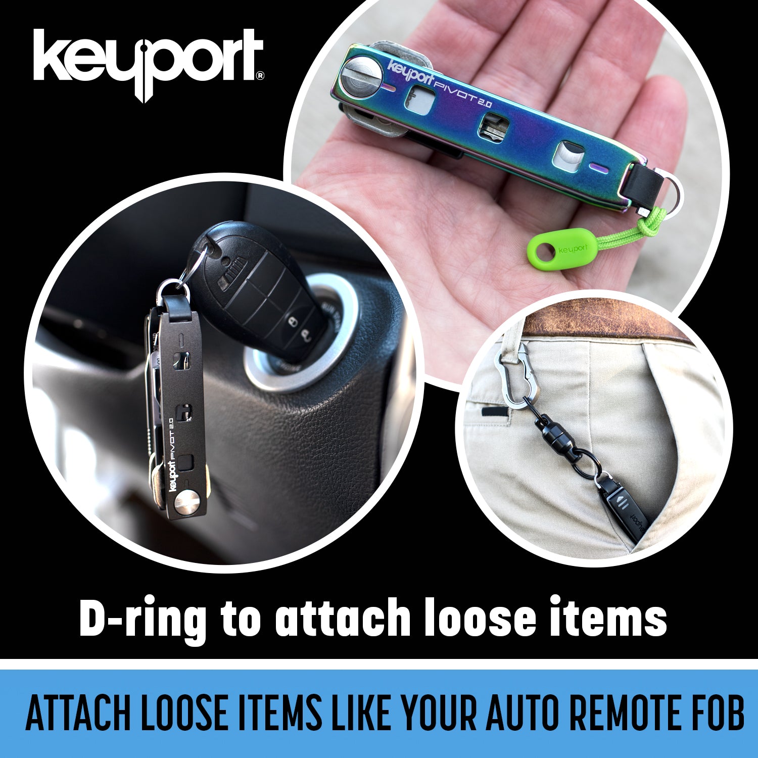 Attach loose items like an auto fob to the stainless Keyport Pivot key organizer's D-ring