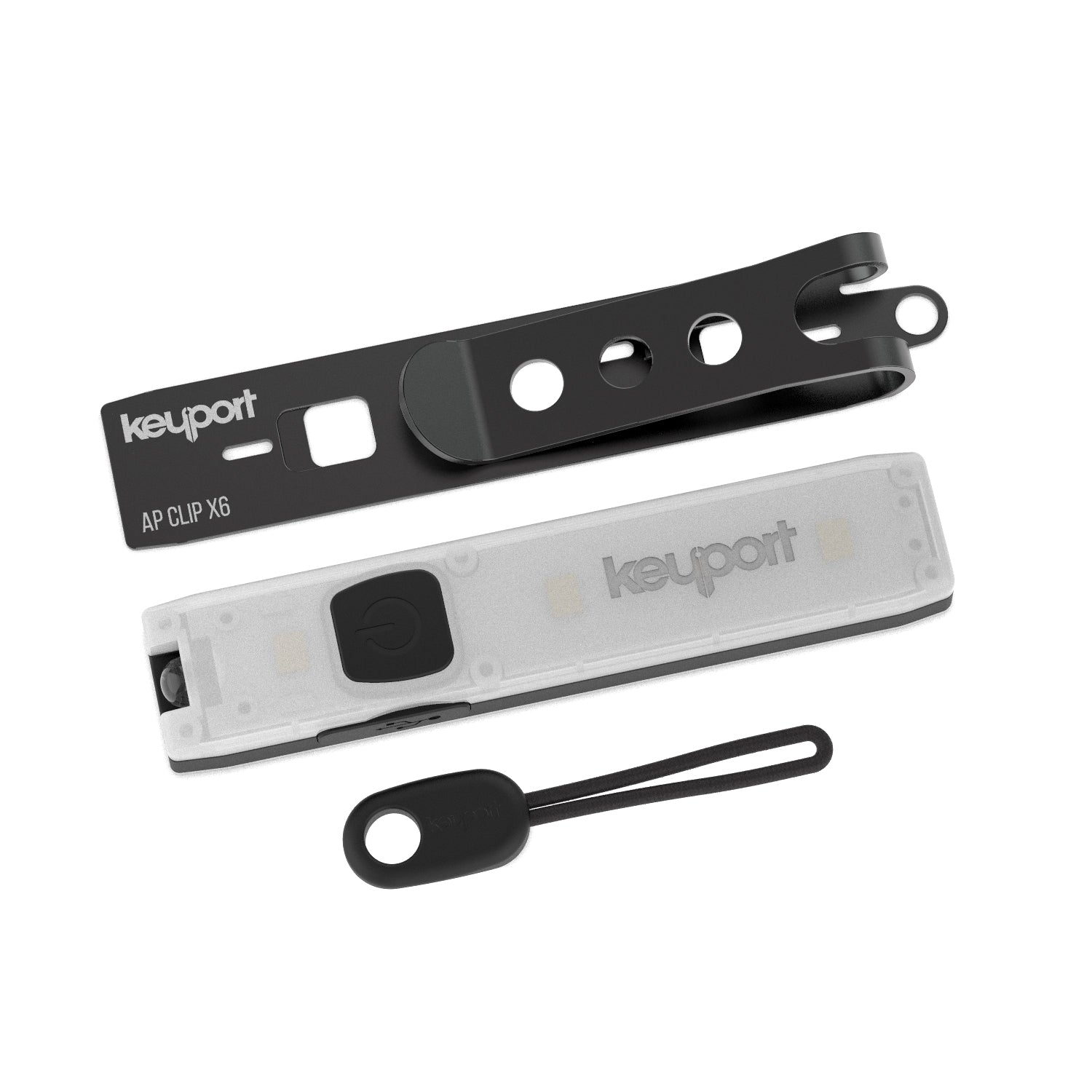 The Keyport Pocket Flare 2.0 Kit includes the Pocket Flare 2.0 Mini-Flashlight, Module Pocket Clip, and Black ParaPull