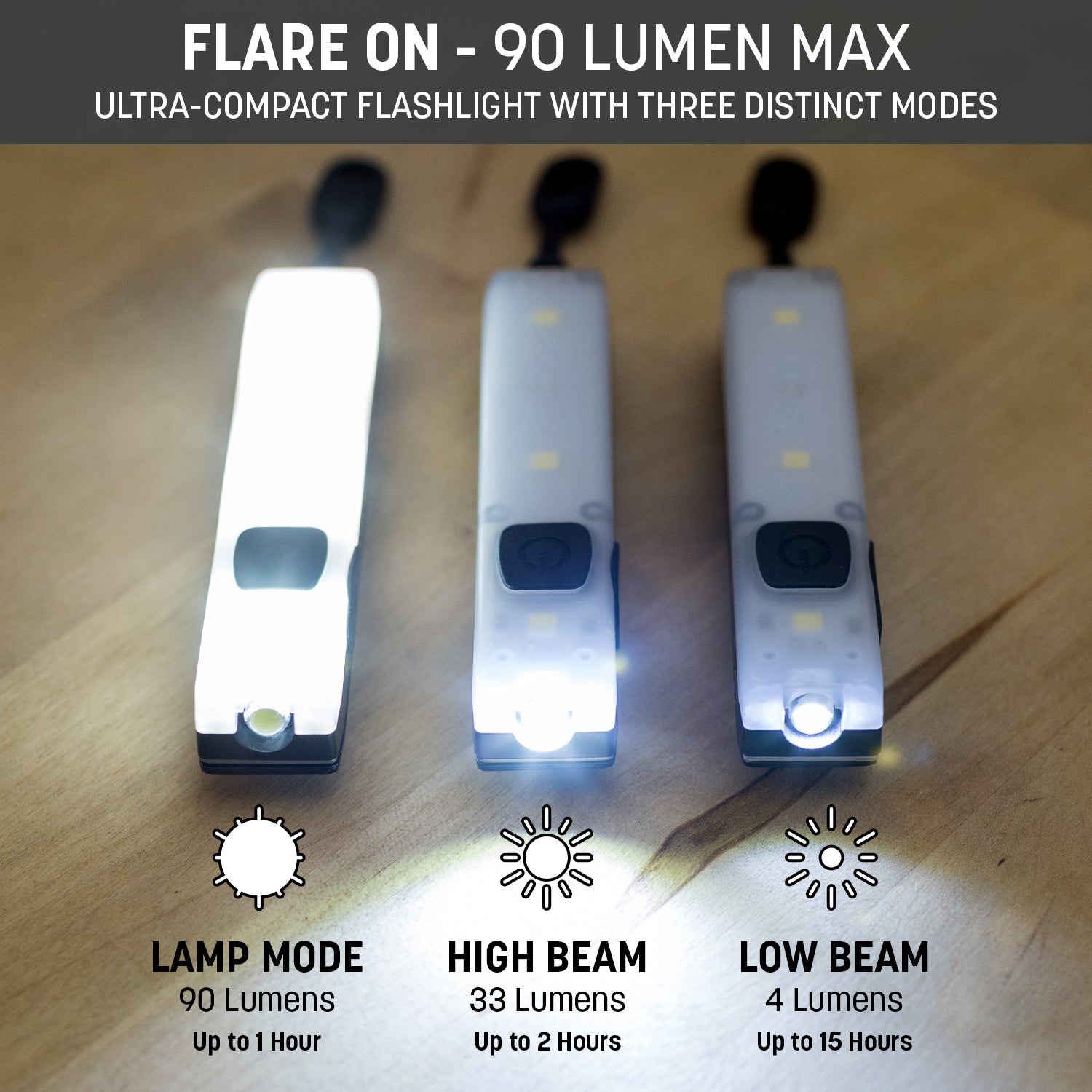 The Keyport Pocket Flare 2.0 Mini-Flashlight Module has 3 modes -  lamp mode / high beam / low beam 