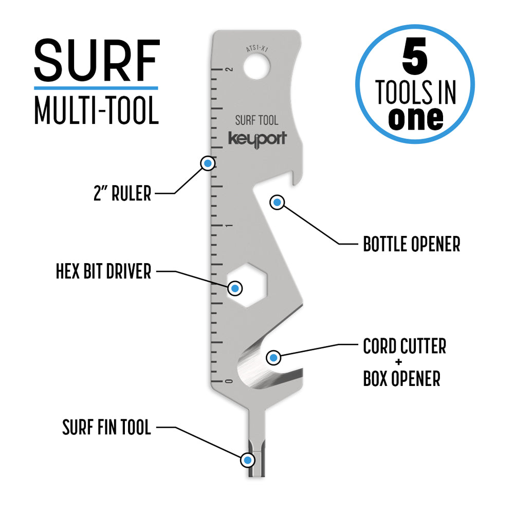 Keyport 5-in-1 Surf Tool with callouts - bottle opener | cord cutter + box opener | surf fin tool | 2"ruler | hex bit driver