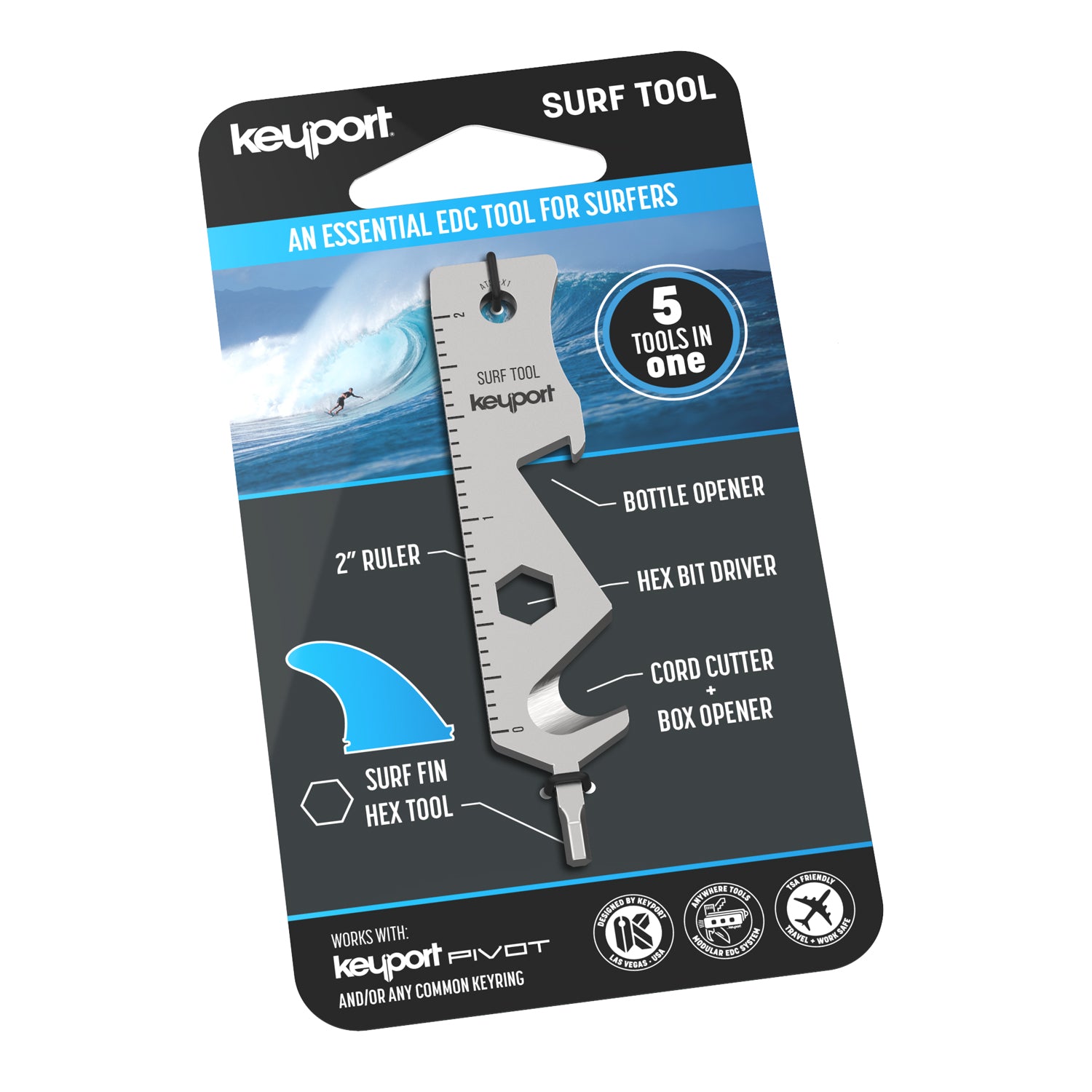 Keyport 5-in-1 Surf Tool with surf fin hex tool in Retail Packaging