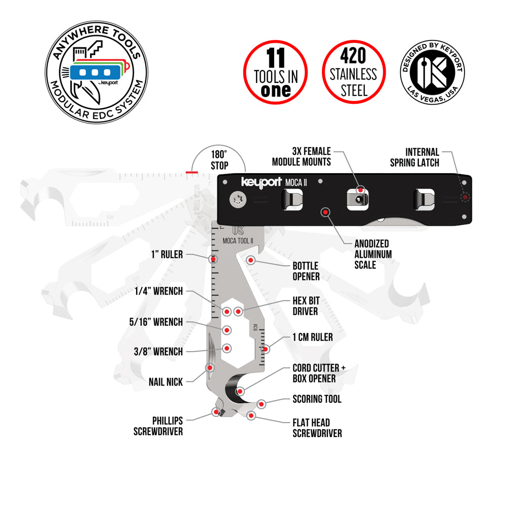 Keyport MOCA 11-in-1 Module includes bottle opener, flathead & Phillips head screwdrivers, box opener, scoring tool, and more