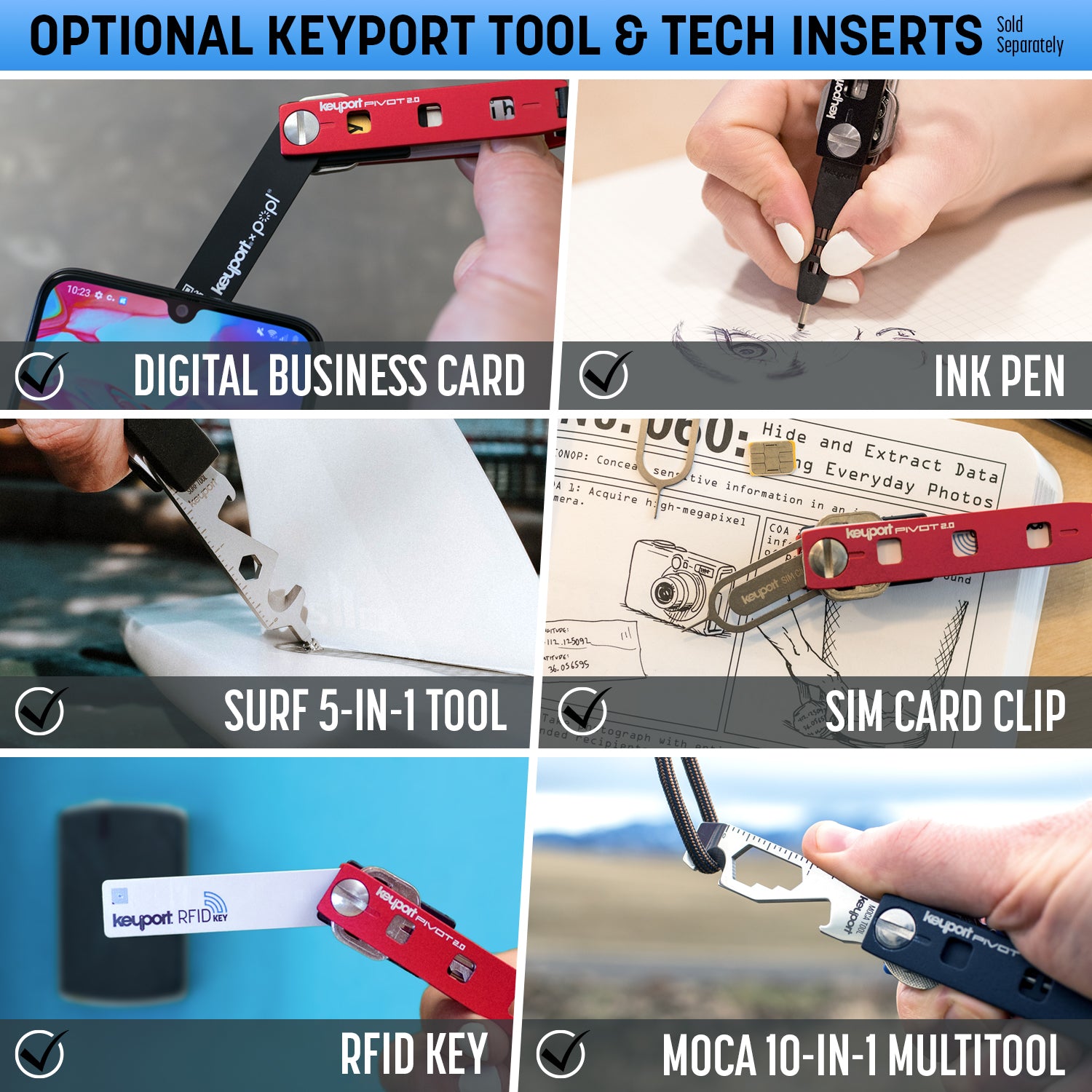 Optional tech & tool inserts for the Keyport Pivot key organizer include digital business card, pen, RFID key & multi-tool