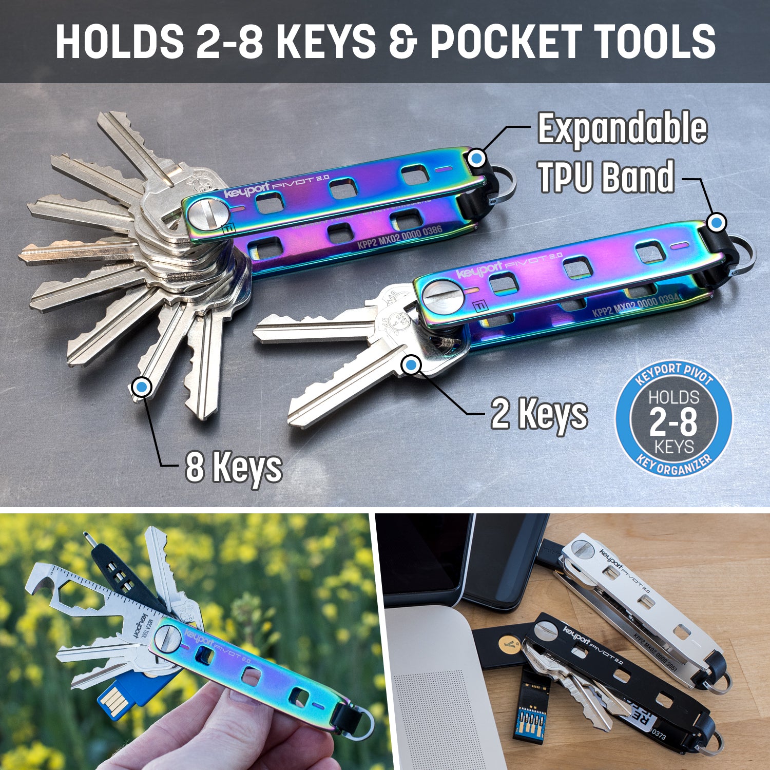 The iridium stainless steel Keyport Pivot 2.0 key organizer holds between 2 and 8 keys and pocket tools