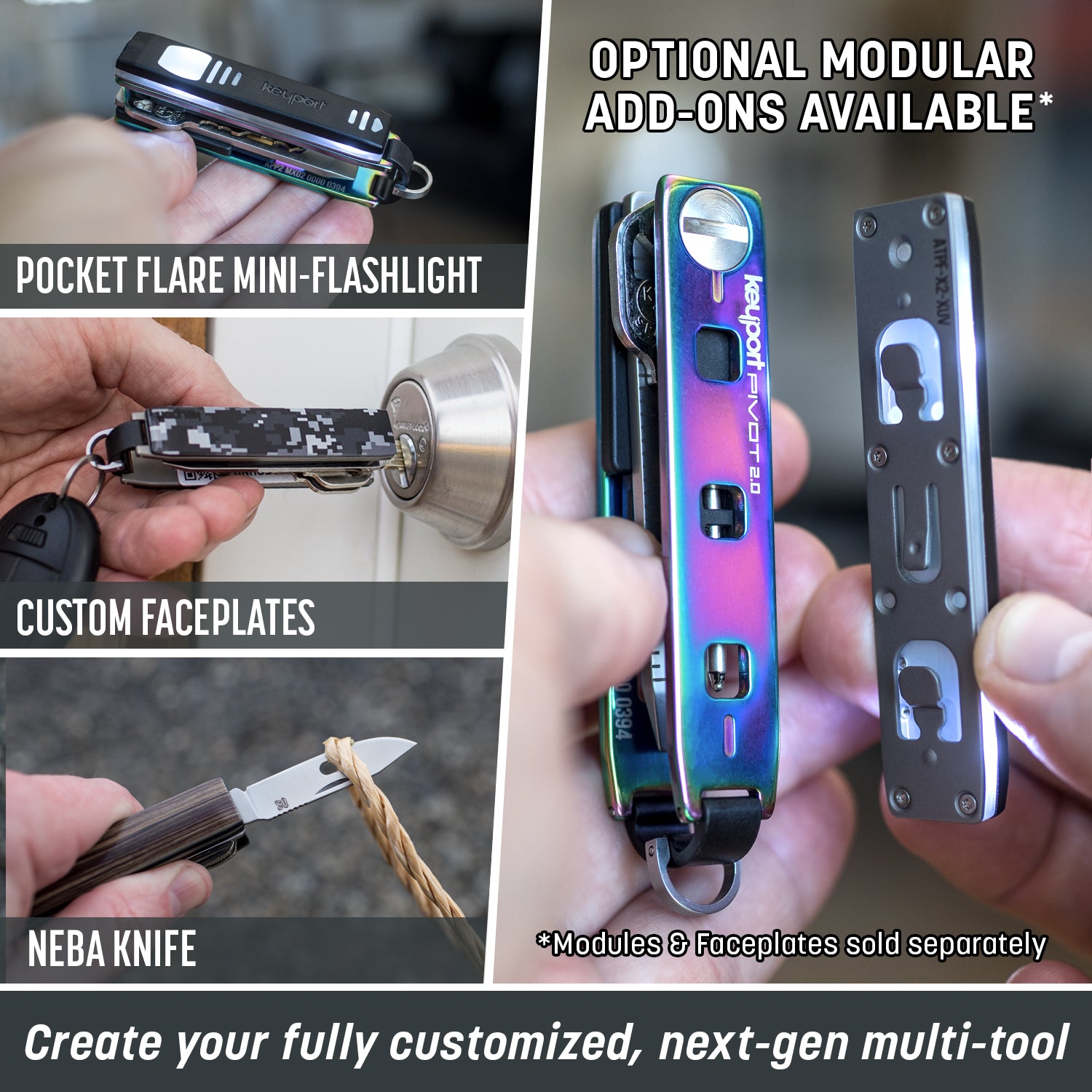 Iridium stainless steel Keyport Pivot 2.0 demonstrating modularity with Pocket Flare mini-flashlight, pocket knife, and faceplates