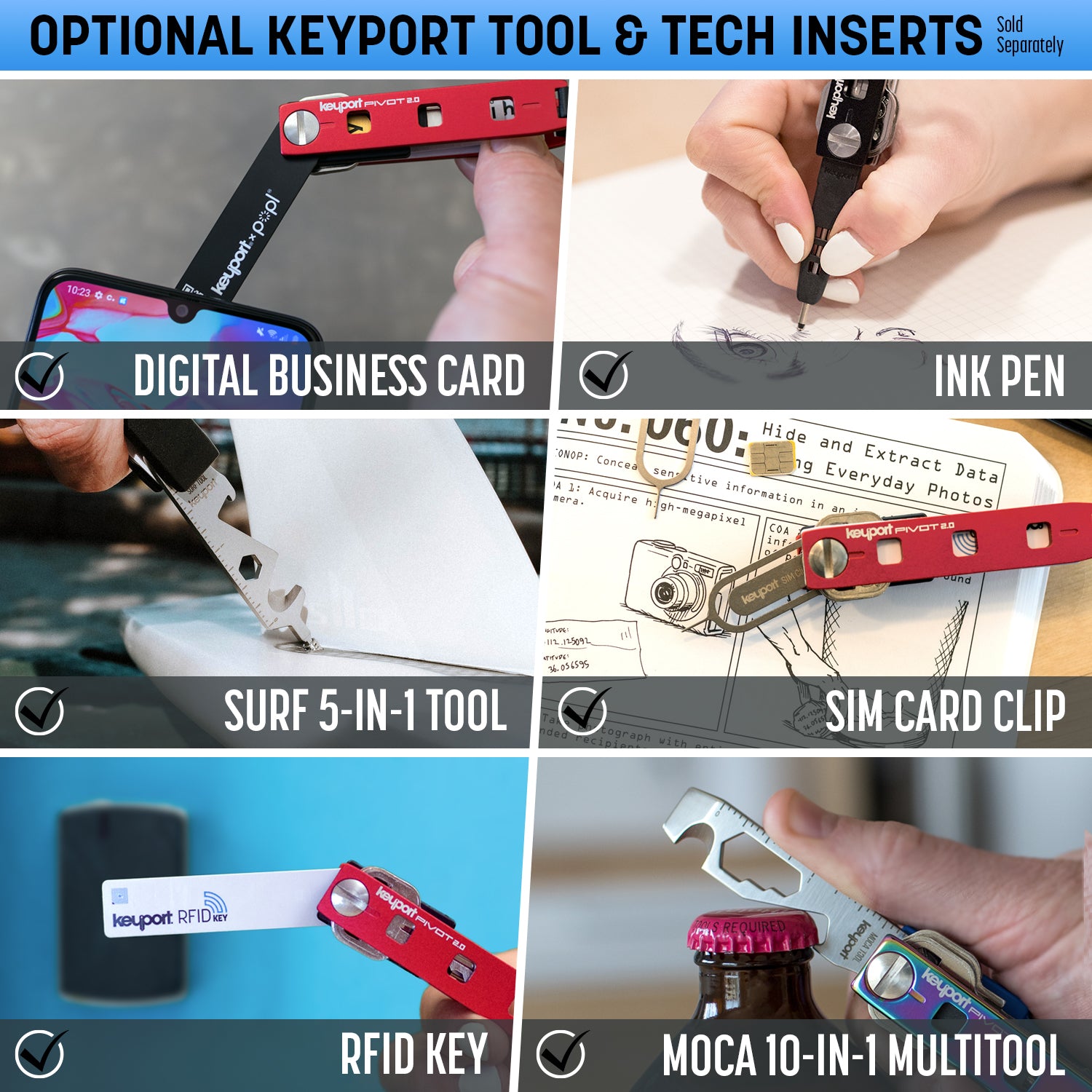 Keyport Pivot optional tech and tool inserts include NFC business card, ink pen, surf tool, sim card, RFID key, and multitool