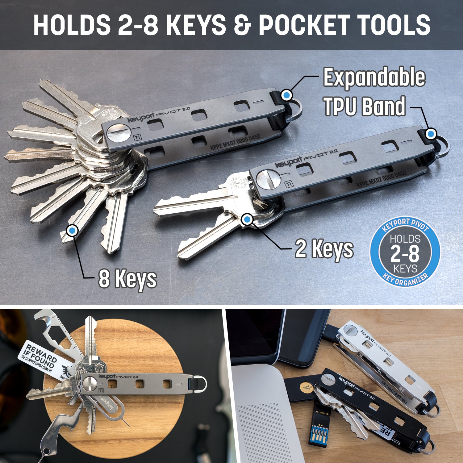 The titanium Keyport Pivot 2.0 key organizer holds between 2 and 8 keys and pocket tools