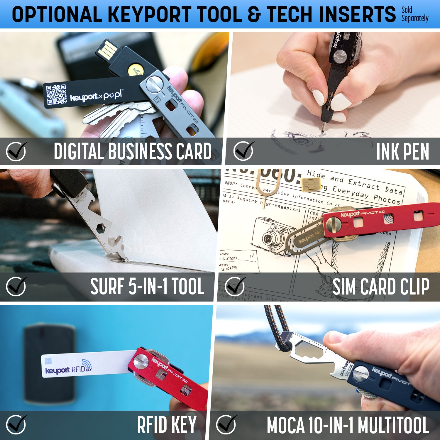 Keyport Pivot key organizer showing off wide range of inserts including digital business card, pen, SIM card, RFID key, and multi-tool