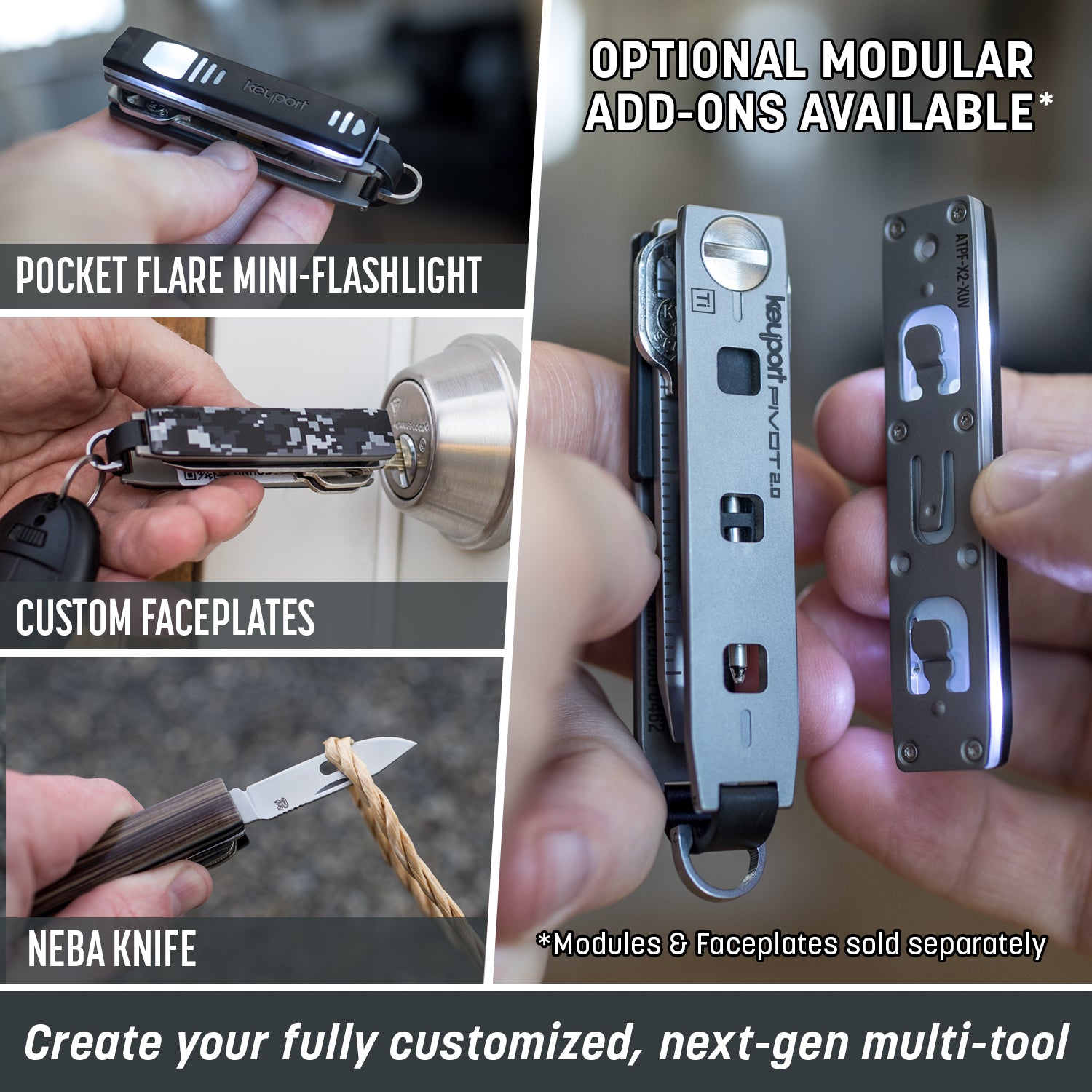 Titanium Keyport Pivot 2.0 demonstrating modularity with Pocket Flare, Pocketknife, and Faceplates