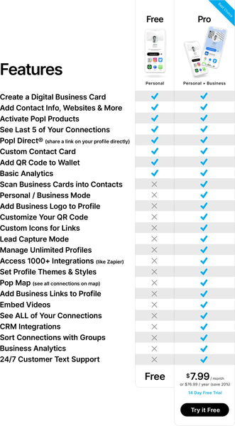 Popl Digital Business Card Platform - FREE vs. PRO